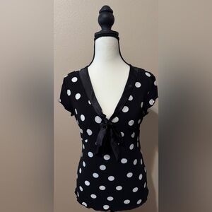 Elegant Black and White Polka Dot Blouse with satin neckline and ribbon Medium